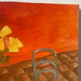 Still life with flowers, bread, apples and chair, signed