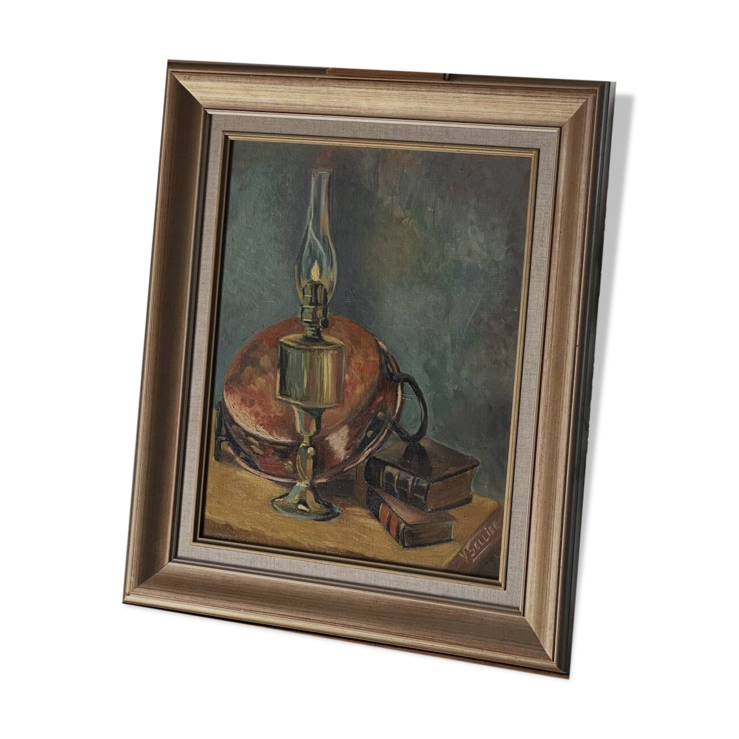 Framed oil on canvas – Still life with lamp, Yvonne Sellier