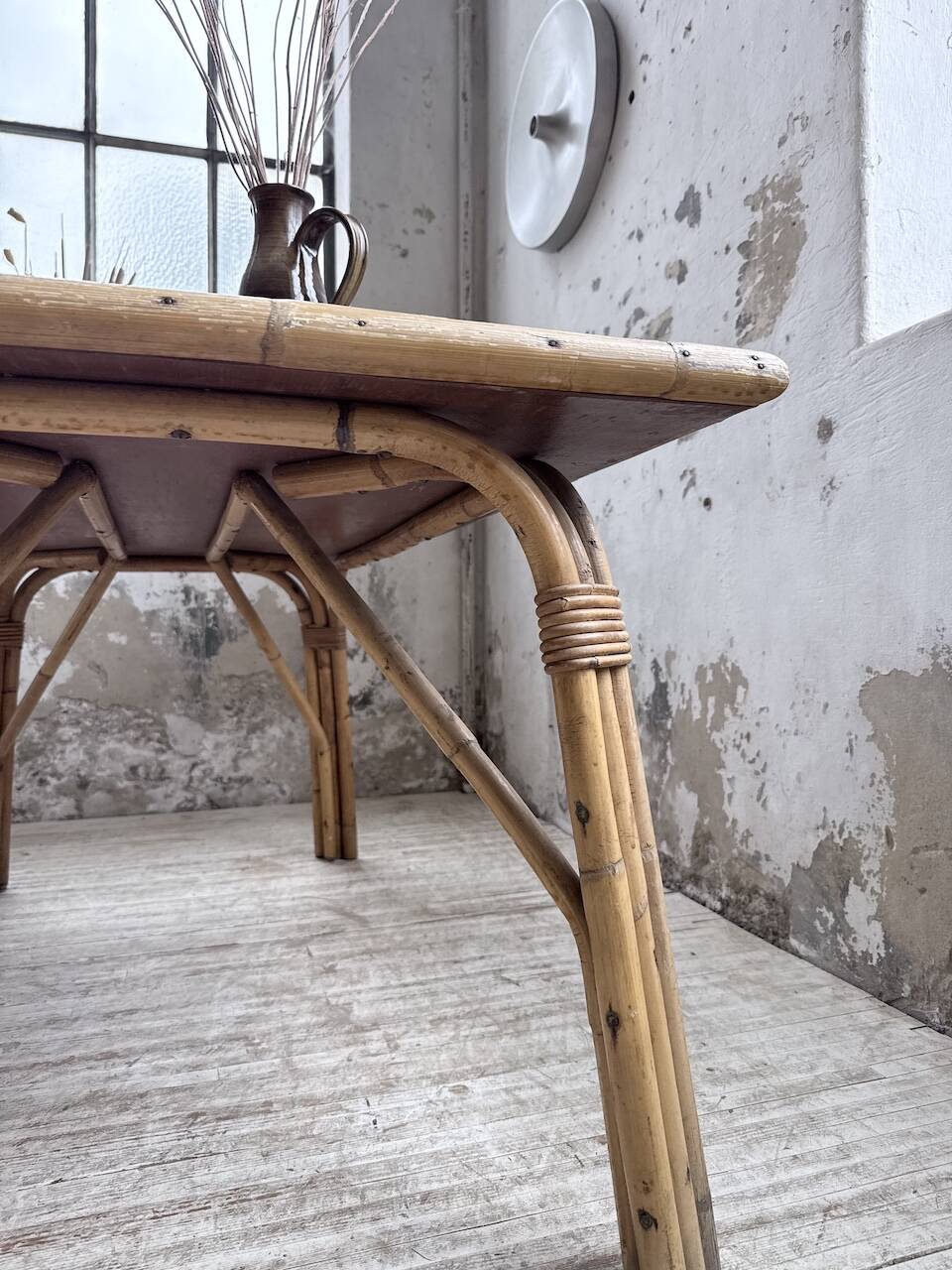 1950s rattan table with ceramic top