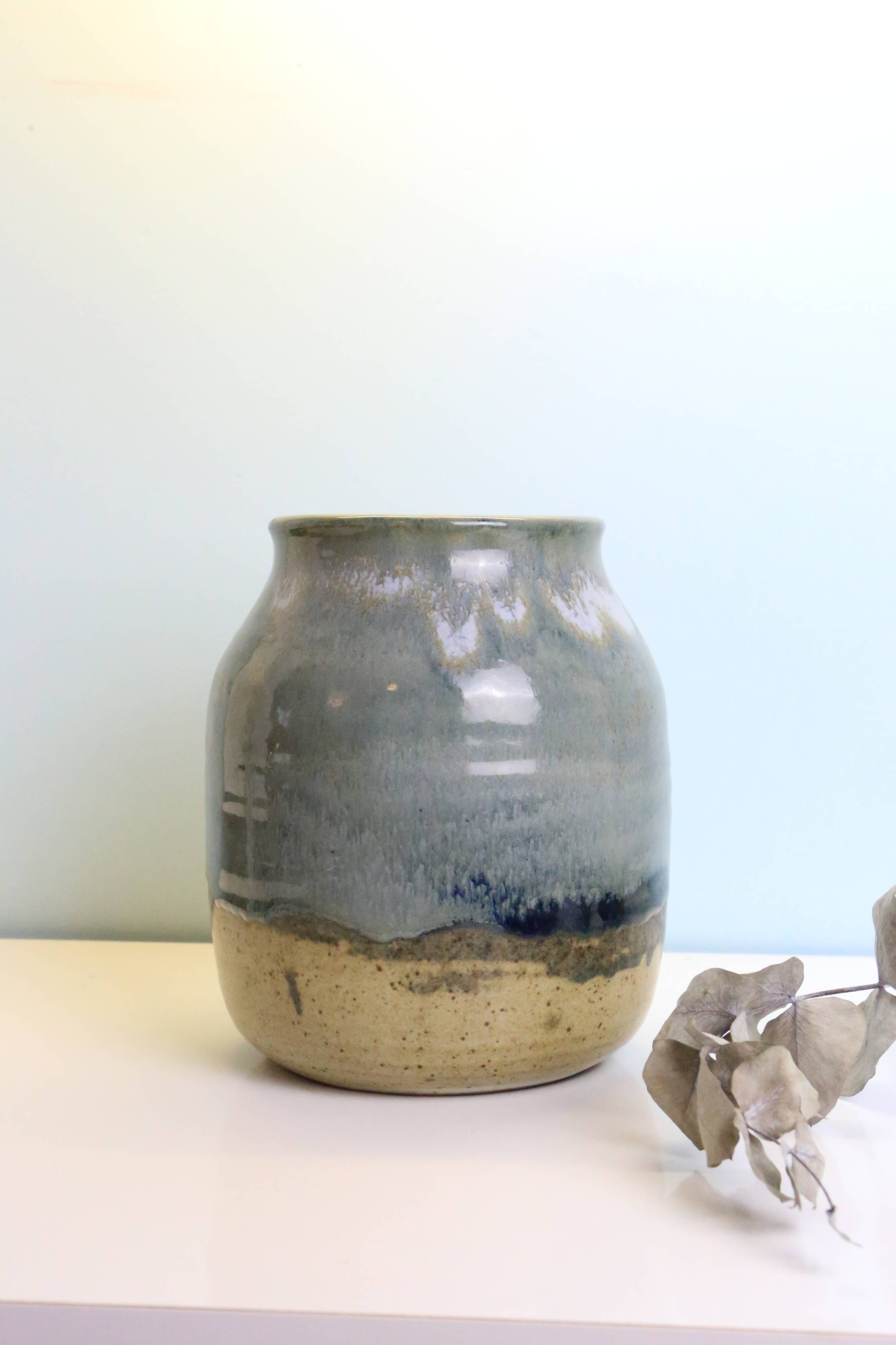 Large enamelled stoneware pot, Taizé pottery, blue and beige, vintage