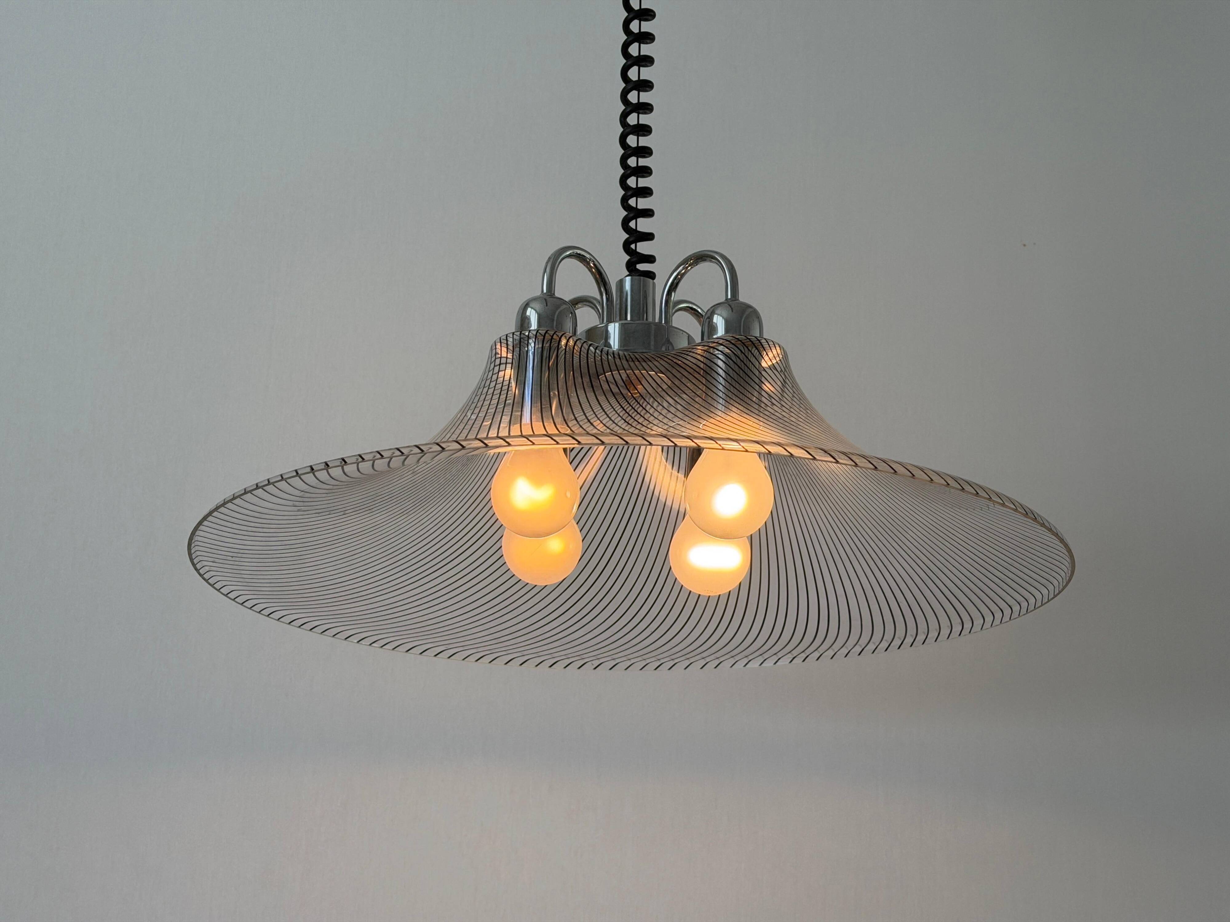 Suspended lamp with 4 sockets, chrome body and plexiglass shade, 1970s, Germany.