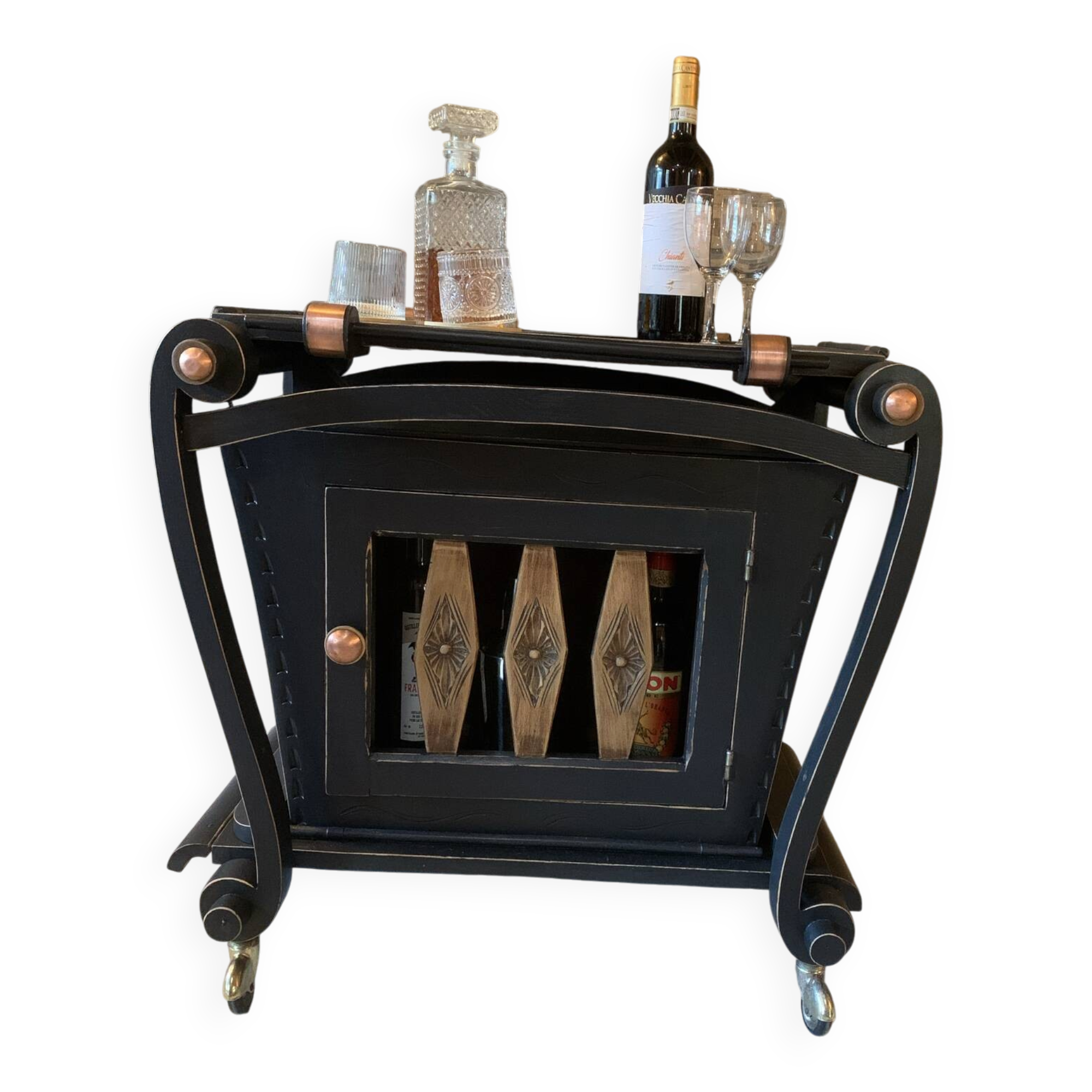 Renovated vintage bar cart in black and copper with removable serving tray.