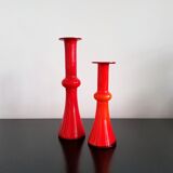Arrangement of 4 red glass 'Carnaby' vases by Per Lütken for Holmegaard, Denmark 1960's