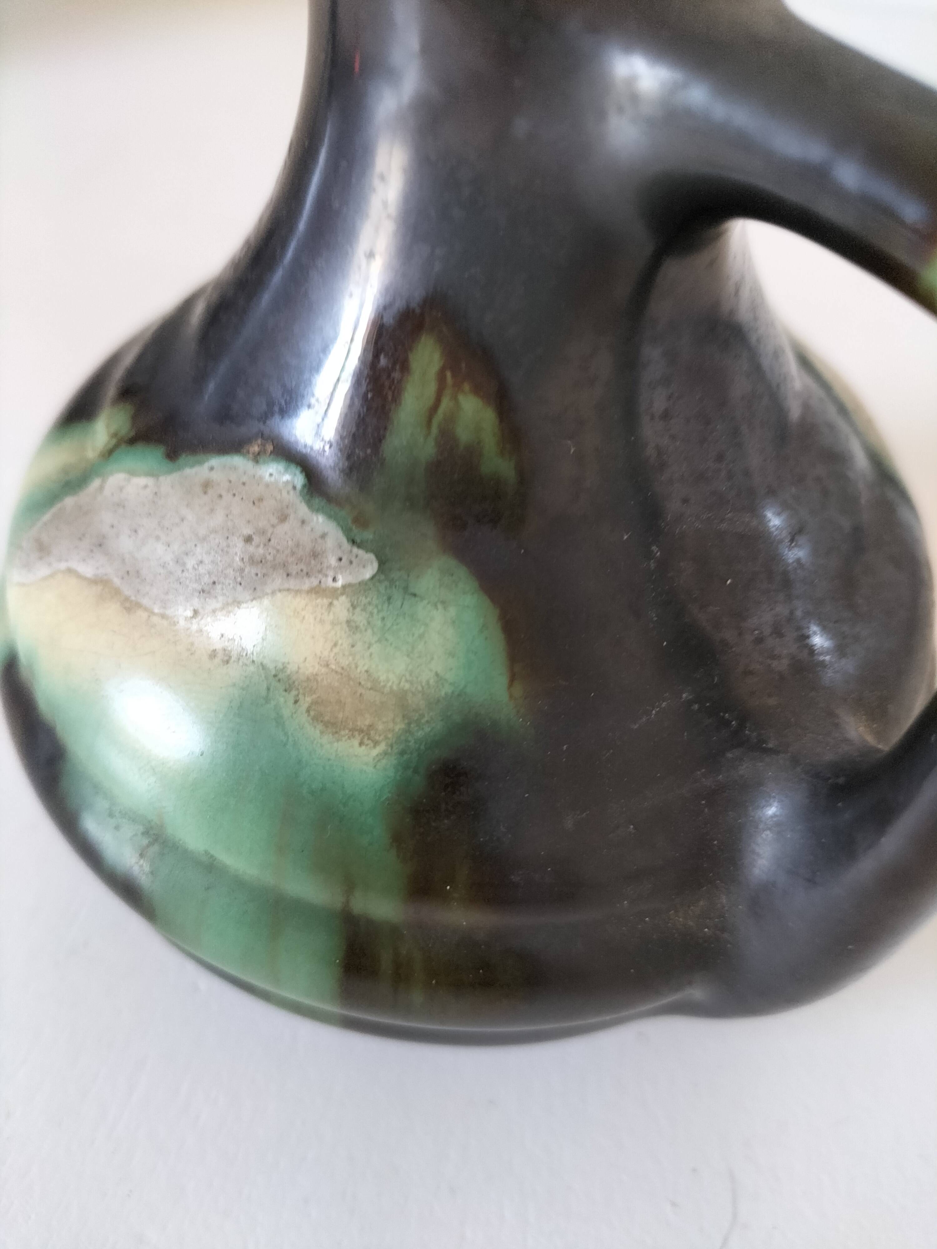Ceramic pitcher Thulin Belgium flamed green black enamel