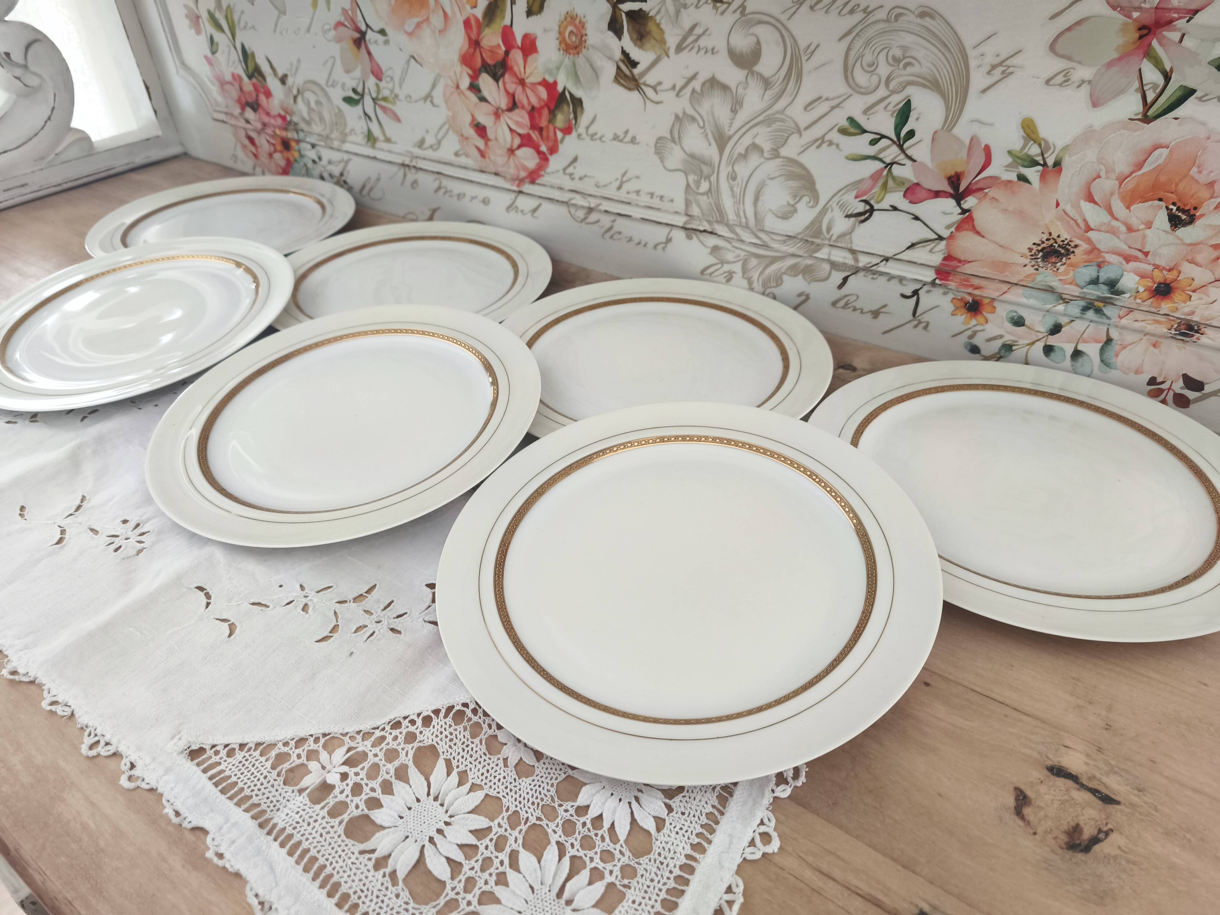 Set of 7 Limoges porcelain dinner plates by A. Vignaud