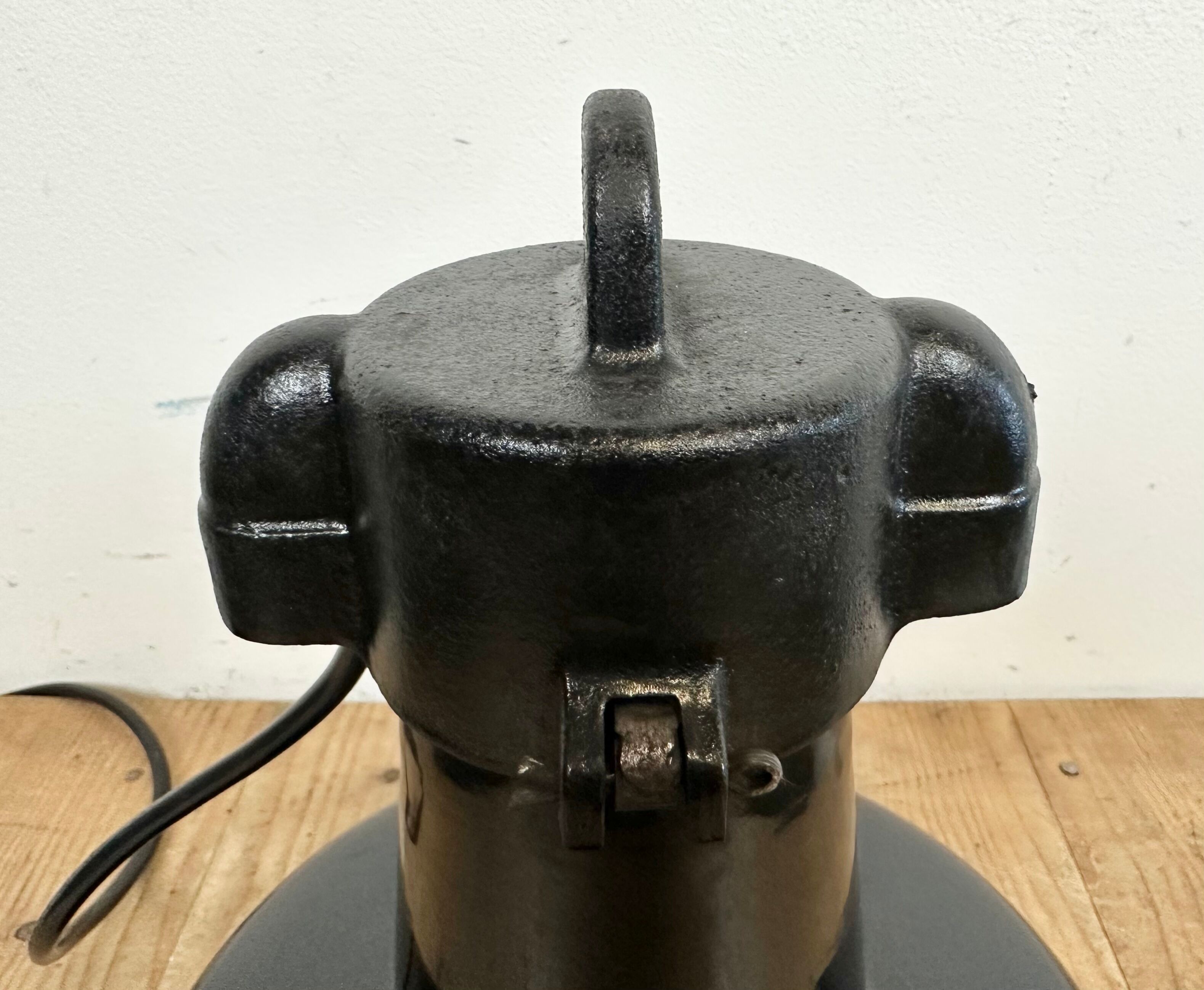 Industrial Black Enamel Factory Lamp with Cast Iron Top, 1960s
