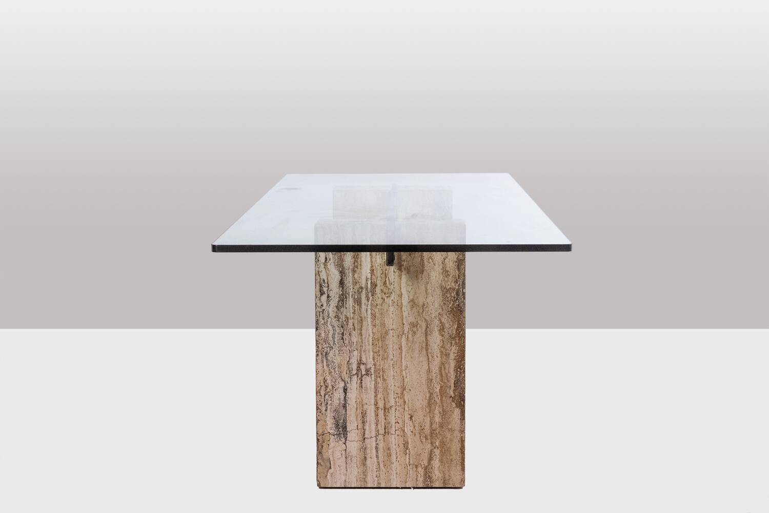 Console, or desk, in glass and travertine. 1980s.