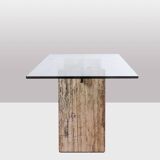 Console, or desk, in glass and travertine. 1980s.