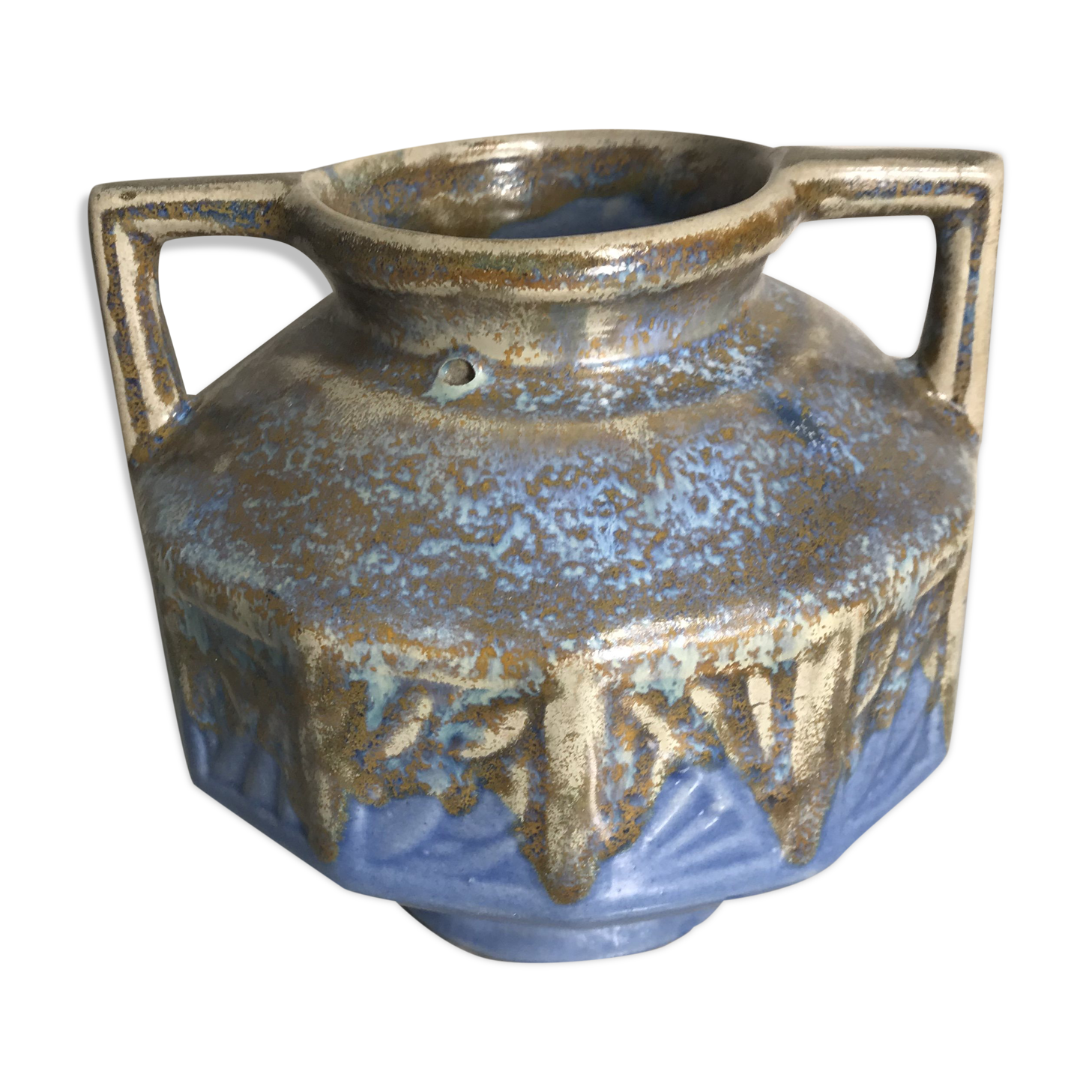 Ancient ART DECO Ceramics Blue Beige Vase Anses 30 Vintage