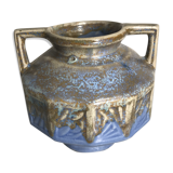 Vase ancien art deco céramique bleu beige avec anses années 30 vintage