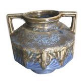 Vase ancien art deco céramique bleu beige avec anses années 30 vintage