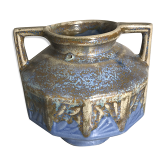 Vase ancien art deco céramique bleu beige avec anses années 30 vintage