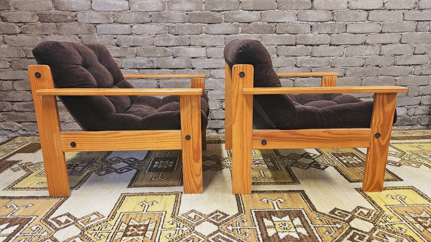 Pair of Yngve Ekström pine armchairs, 1970s