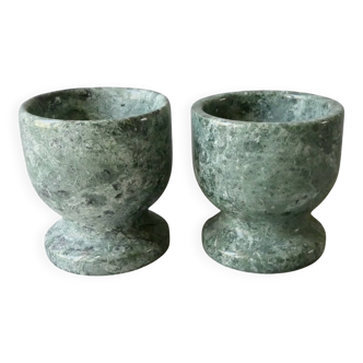 2 marble egg cups in veined white and green, circa 1980.