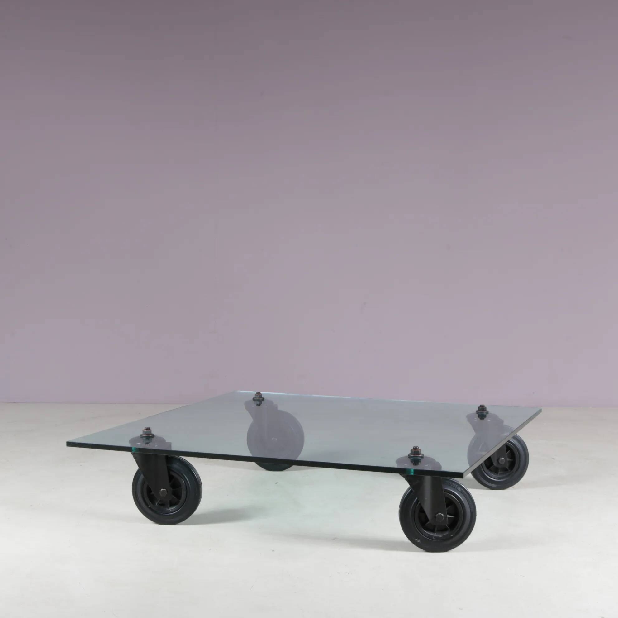 Coffee table "Table with Wheels" from the 1980s by Gae Aulenti for Fontana Arte, Italy.