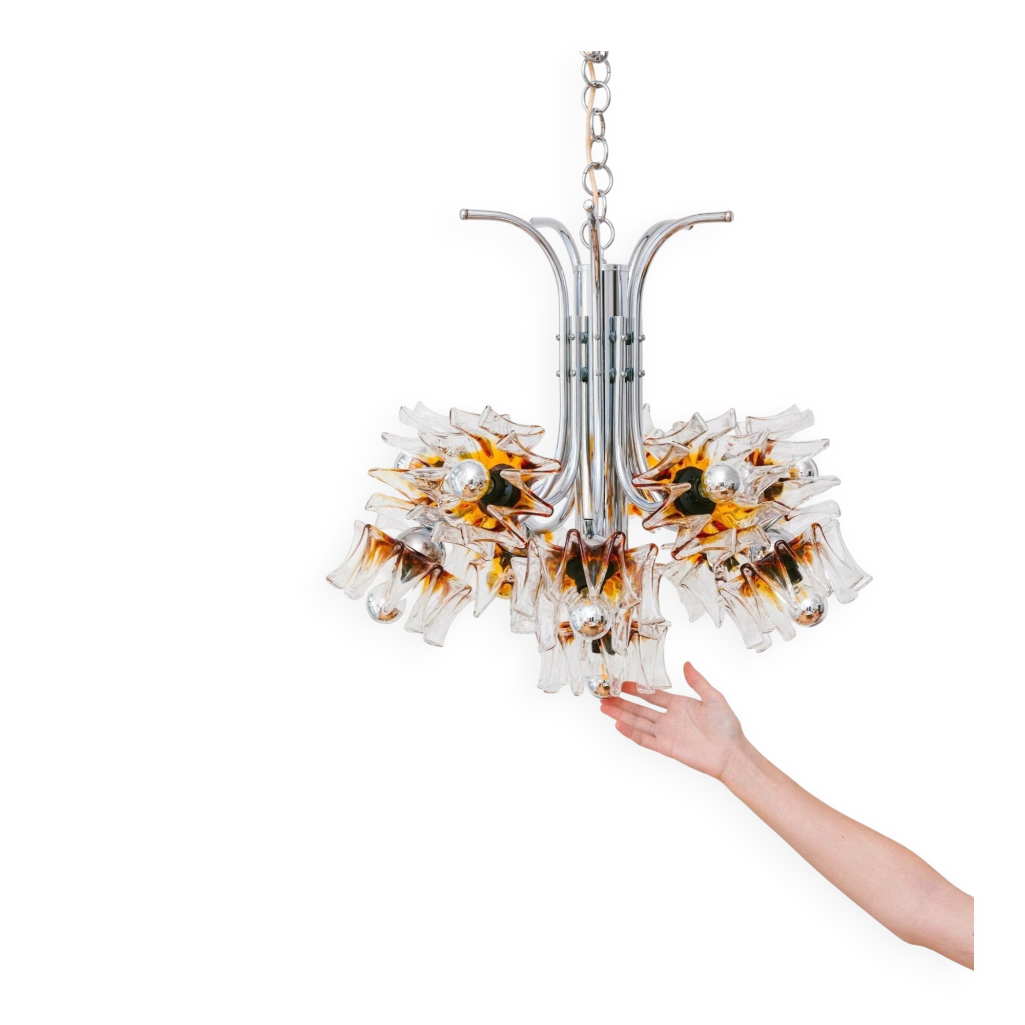 Carlo Nason Murano Glass Flower-Shades Chandelier by Mazzega - Chrome and Transparent Amber Glass, Hollywood Regency, 1970s