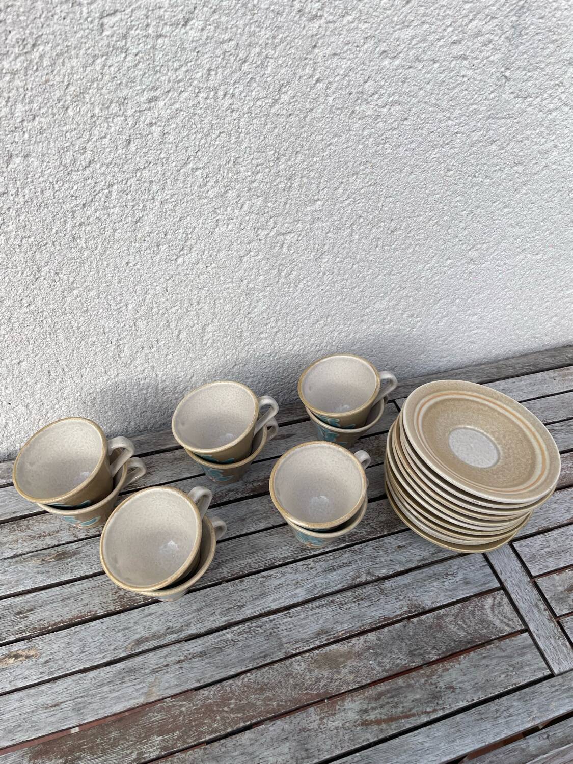 Stoneware coffee service from Pornic with turquoise flower print, 1970s-80s