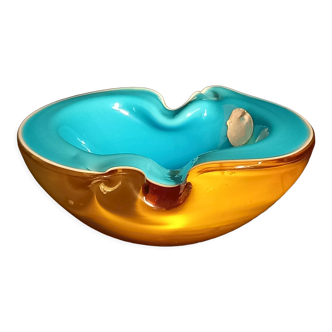 Cendrier/ bol géode en verre murano turquoise et ambre (barbini)
