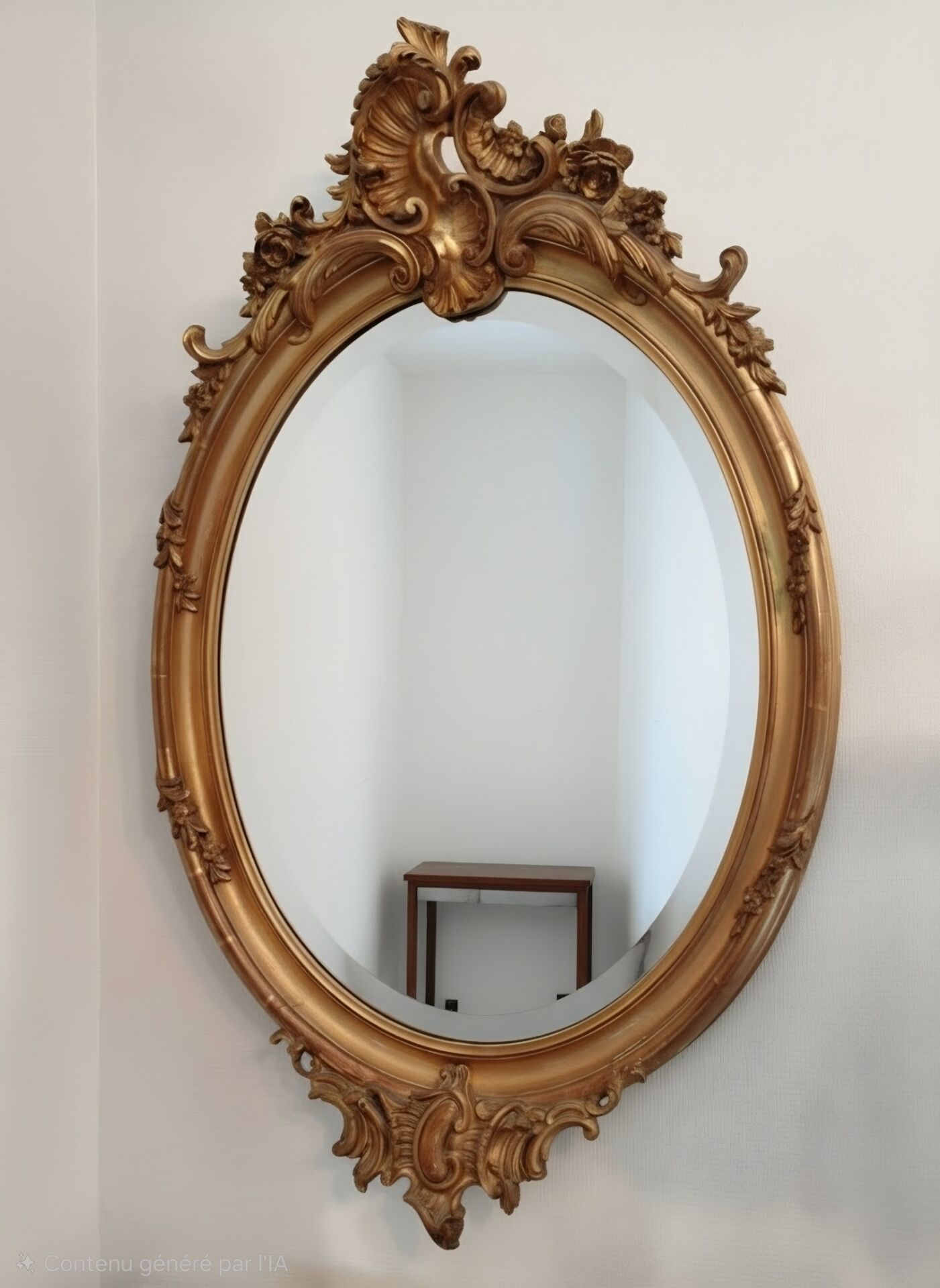 Antique oval mirror in gilded wood with gold leaf – bevelled glass –