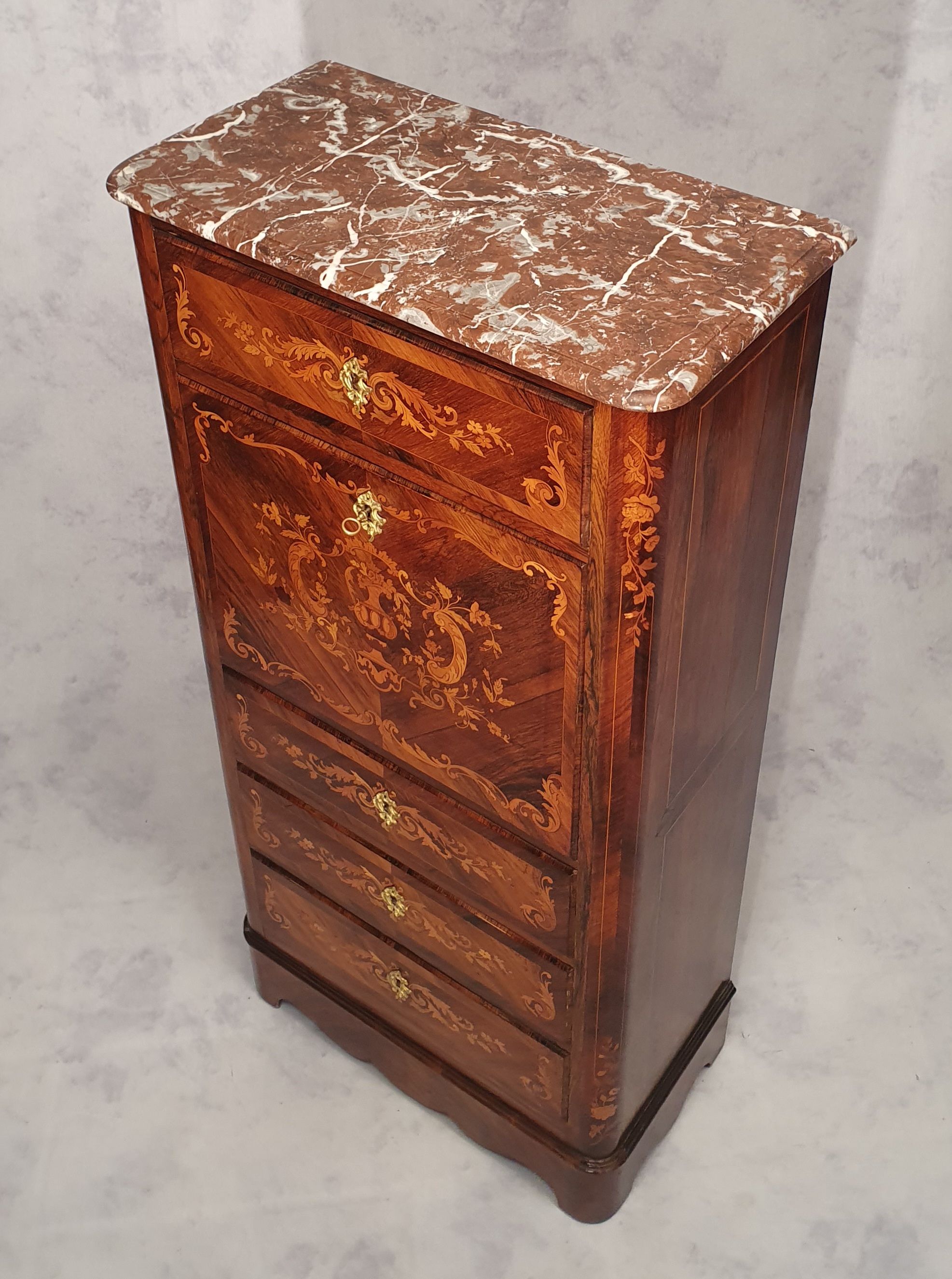 Secretary-Right Period Napoleon III - Rich Floral Marquetry - 19th - Palissandre