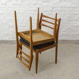 Solid Wood Ladder Dining Chairs with Square Black Leatherette Seating 1960s