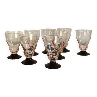 8 verres à vin ou à eau art déco rose et pied noir