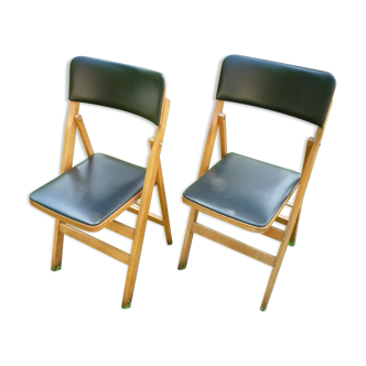 Paire de chaises anciennes pliables en bois verni vintage années 50
