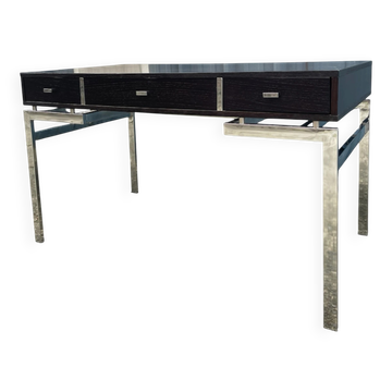 Large textured black lacquered flat desk and chrome in 1970s style — Esprit Mai