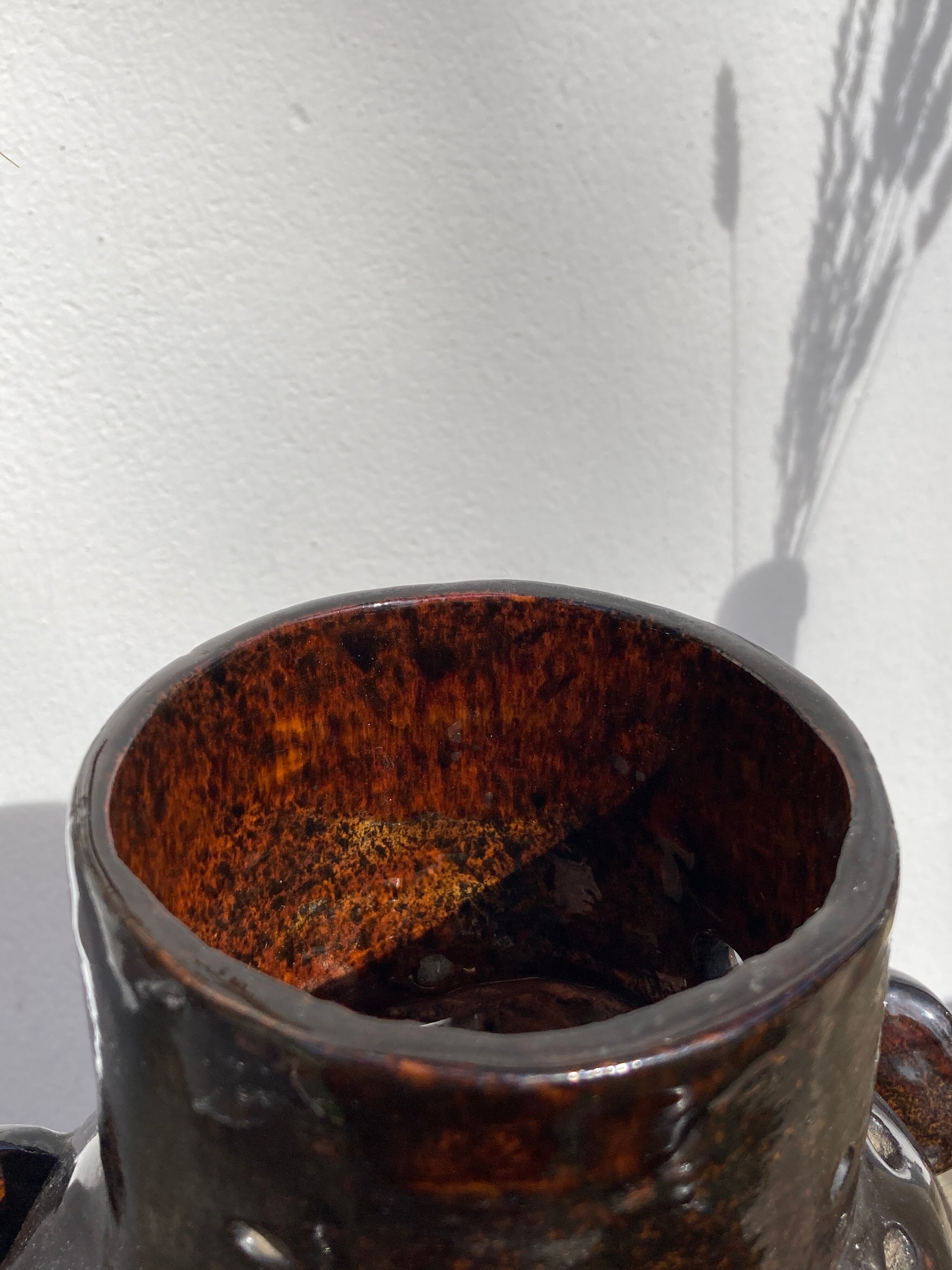 Brutalist lamp in black / brown ceramic openwork 1970