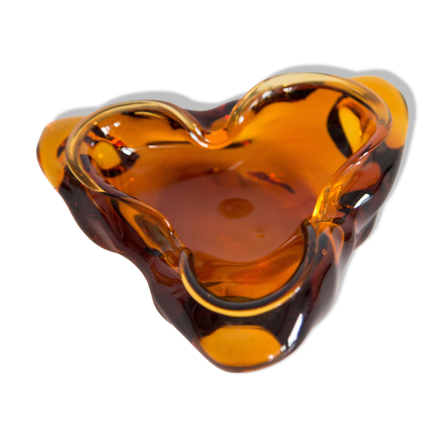 Artistic orange glass bowl ashtray, mid-century crystal, Italy, 1970s.