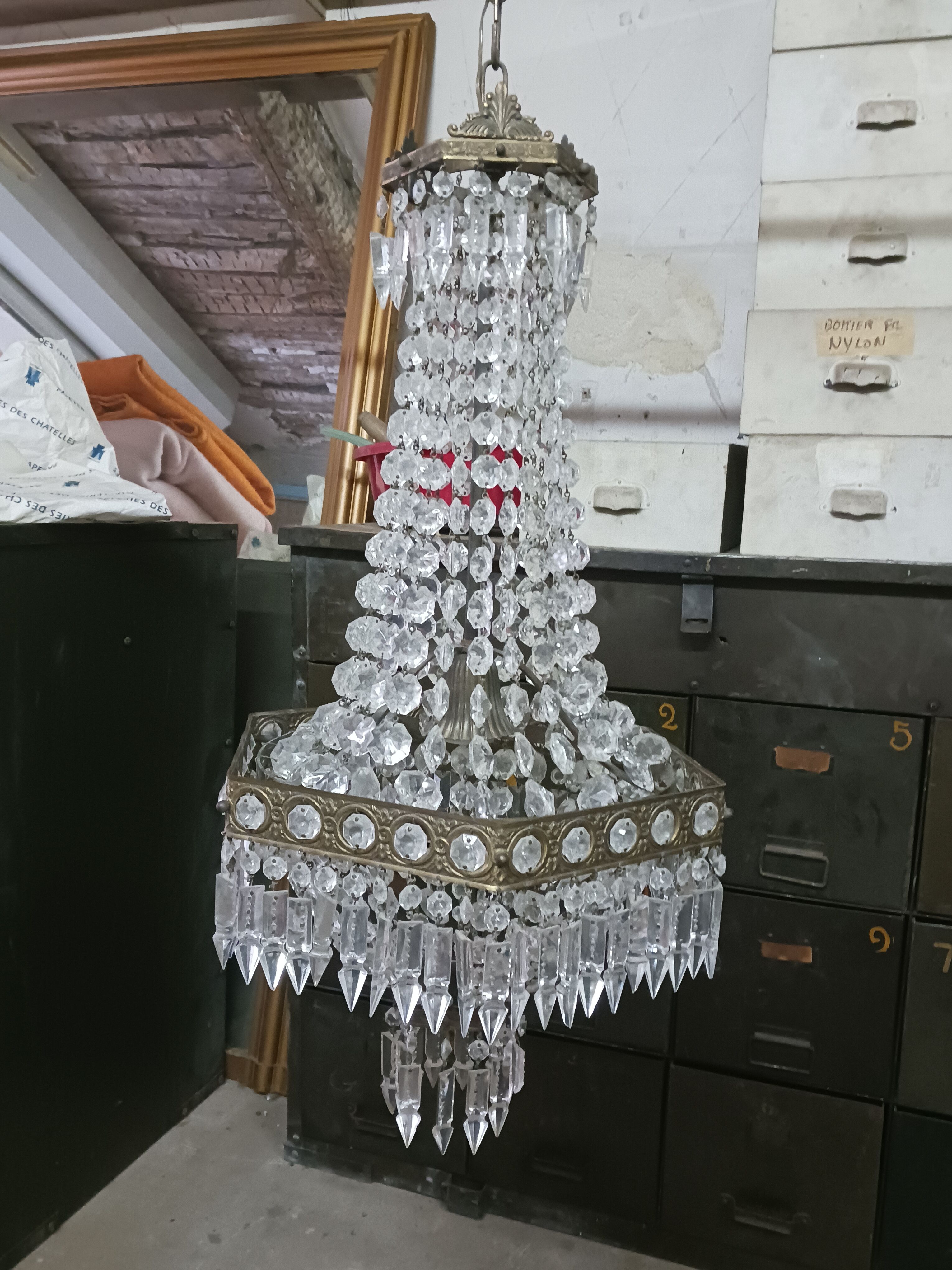 Hexagonal hot air balloon chandelier, glass pendilles, first half of the XX th