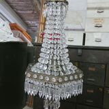 Lustre montgolfière hexagonal,  pendilles de verre, première moitié du XX eme