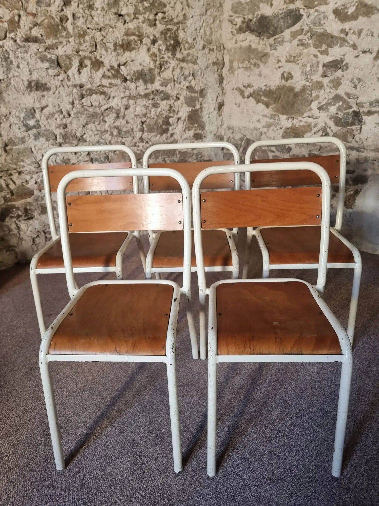 Vintage French school chairs – 1960s industrial cafe seats (set of 5)