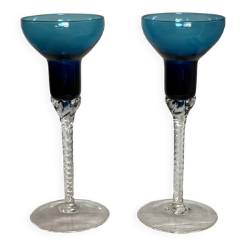 Paire de bougeoirs verre de Murano (ou Empoli) à pieds tors vintage 1960