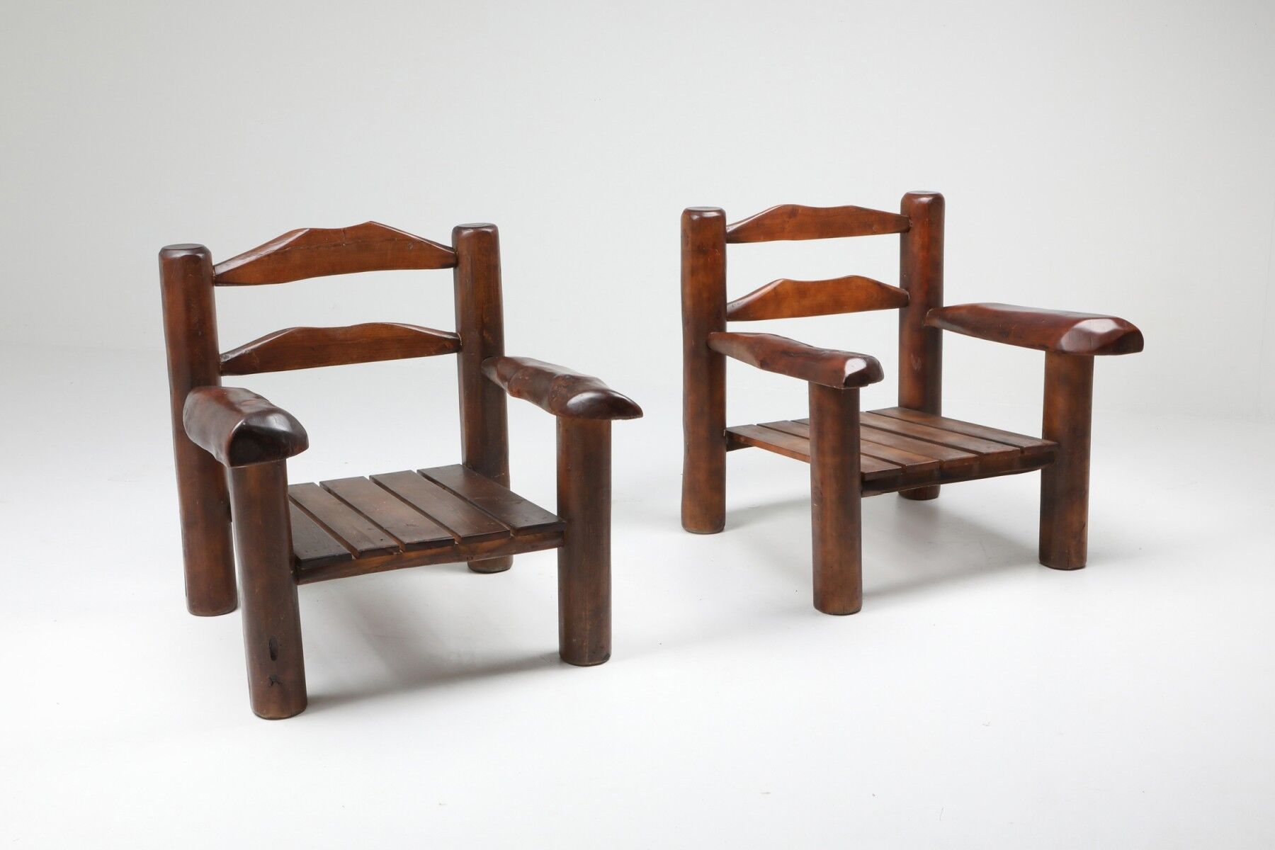 Pair of rustic wooden Wabi Sabi lounge chairs - 1950s
