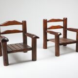 Pair of rustic wooden Wabi Sabi lounge chairs - 1950s