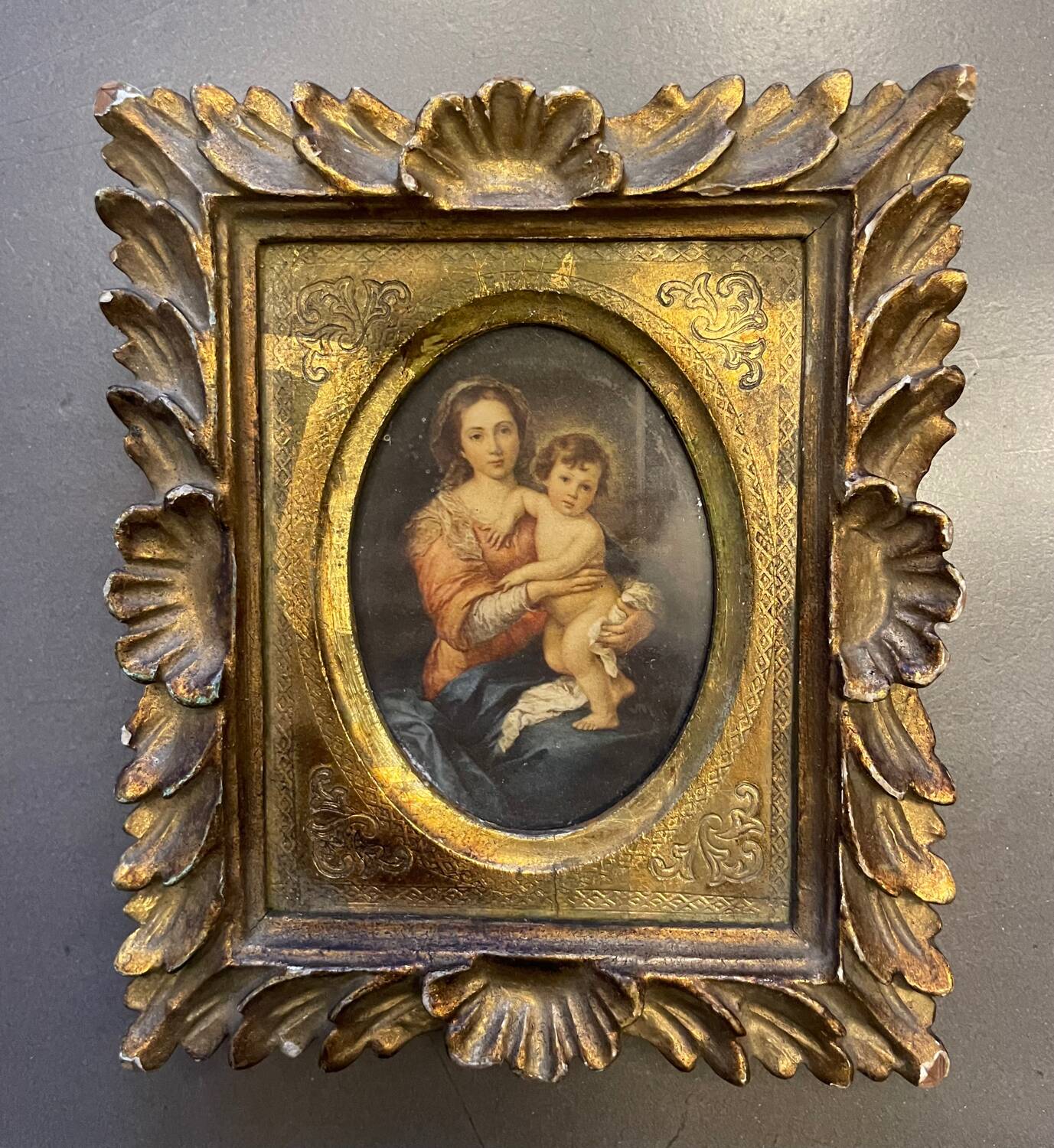 Old painting religious image carved wooden frame