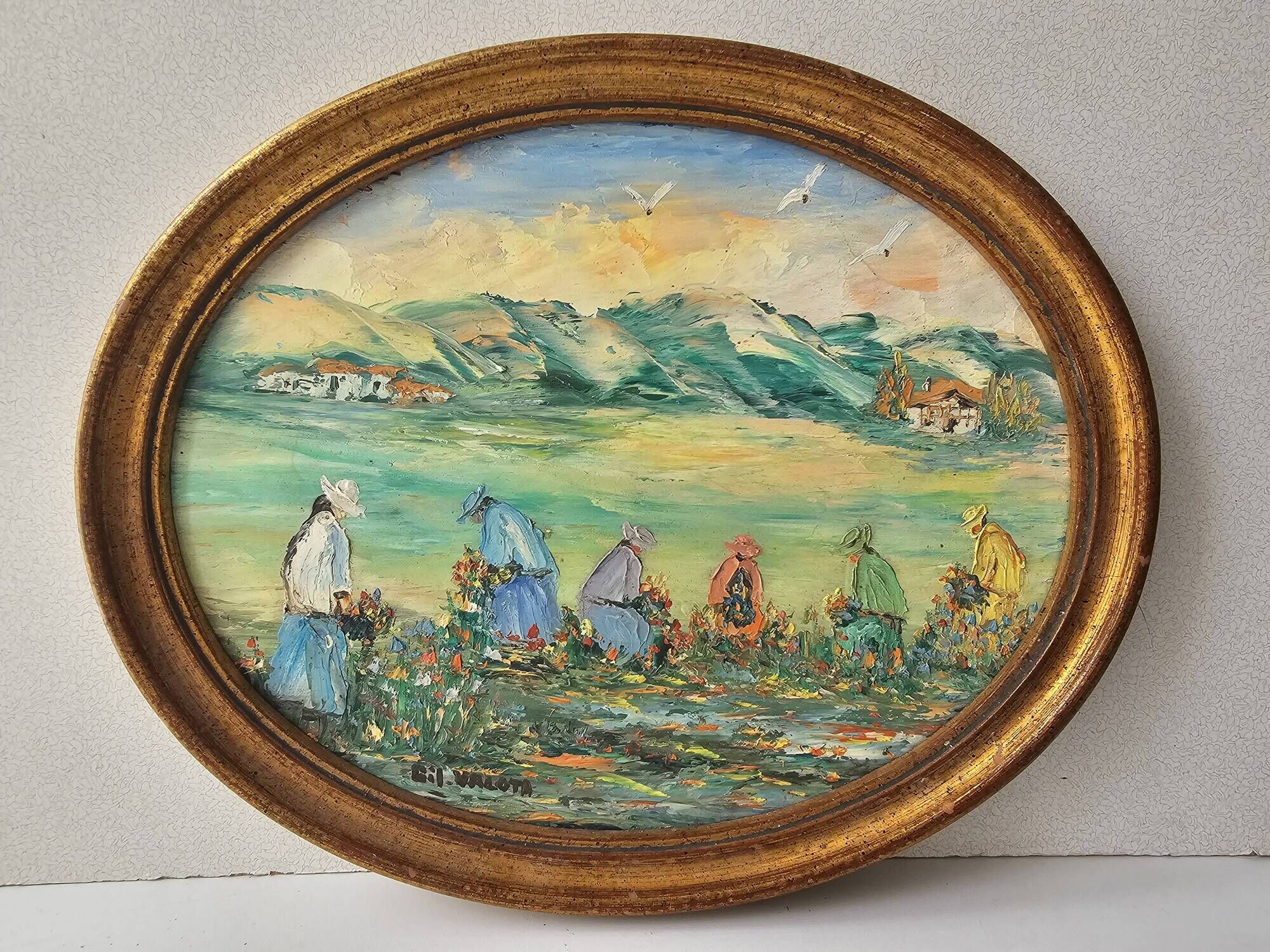 Oil Painting on Panel Landscape Flower Picking Pyrenees Gil Valota