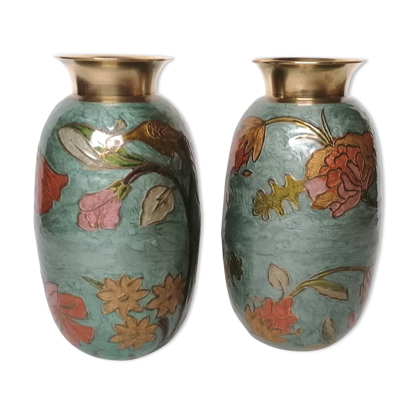 Pair of enamelled brass vases