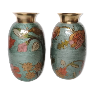 Pair of enamelled brass vases
