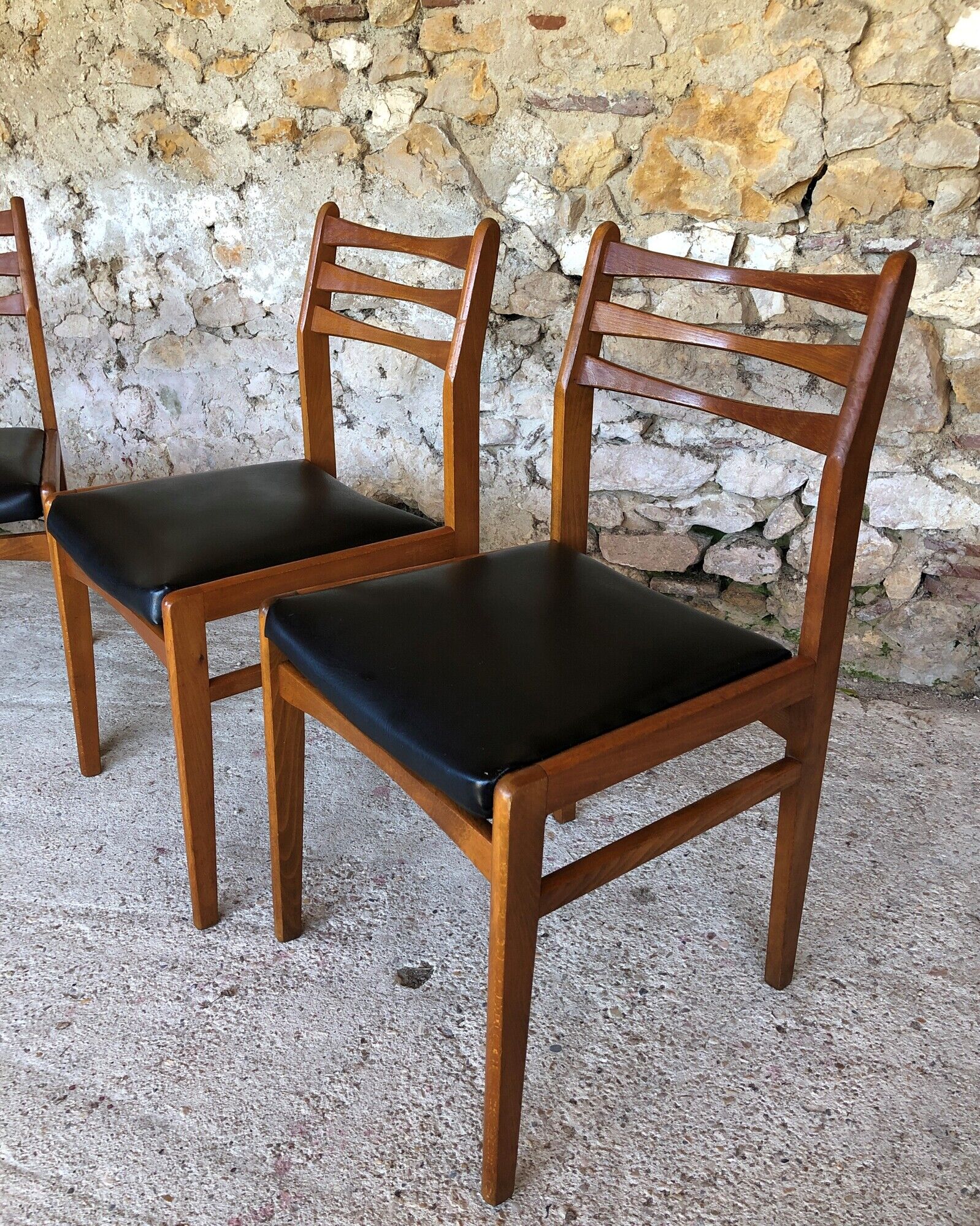 Set of 4 scandinavian chairs in blond teak and black skai 60s