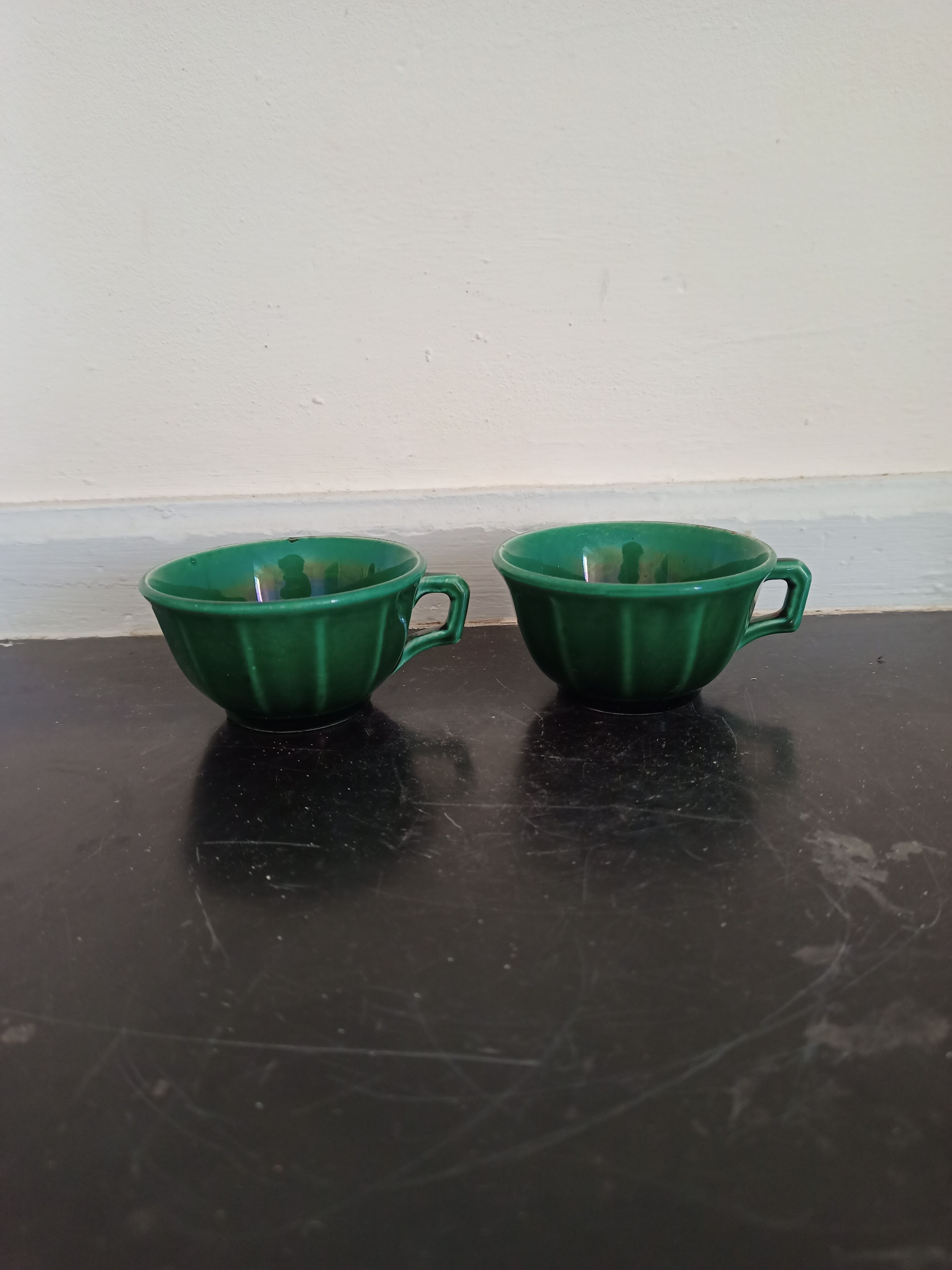 Pair of green ceramic cups K G Lunéville antique