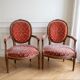 Louis XVI living room set: sofa and 4 armchairs in wood and pink velvet.