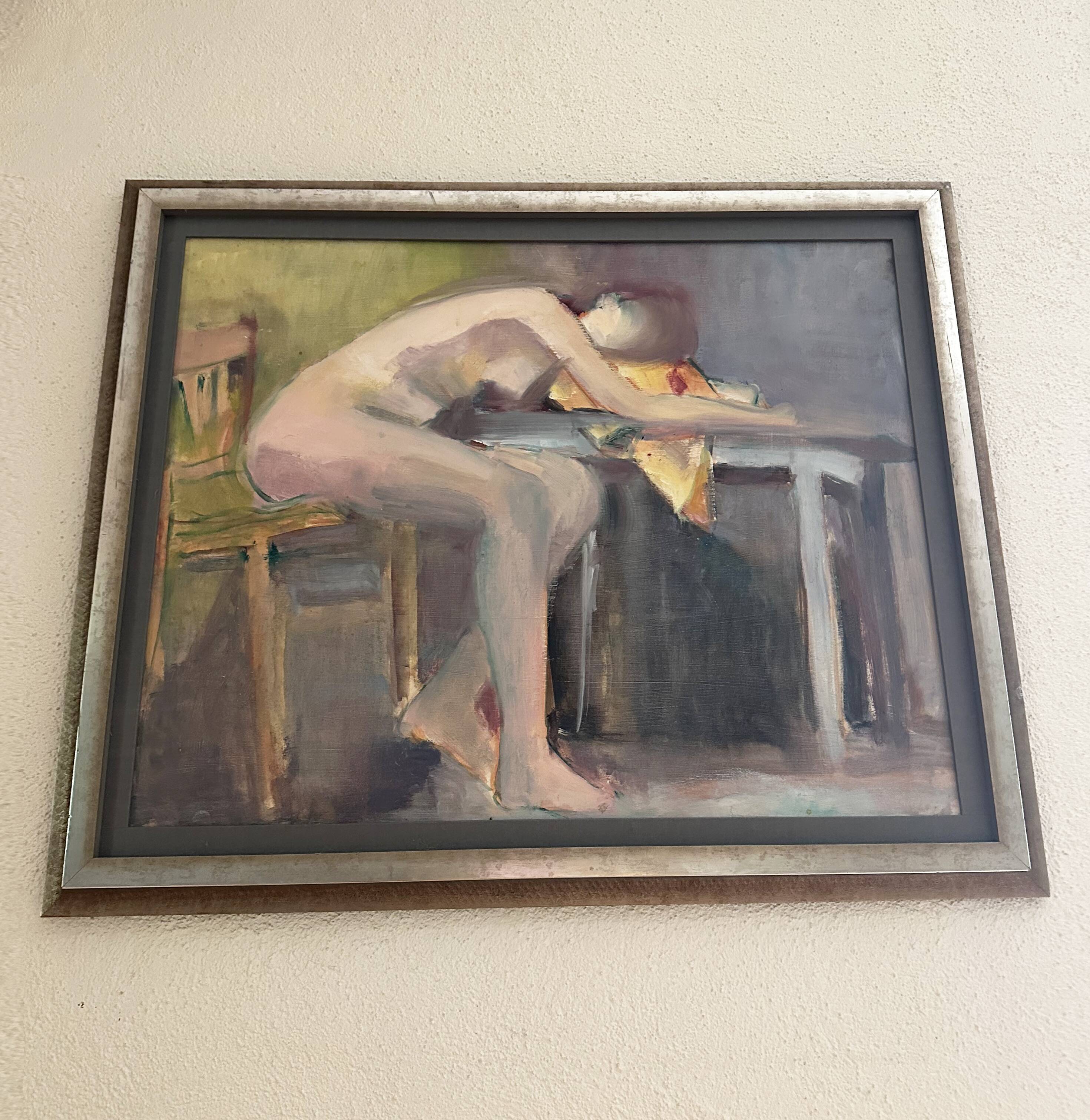 Original French figurative painting from the 70s signed Marais