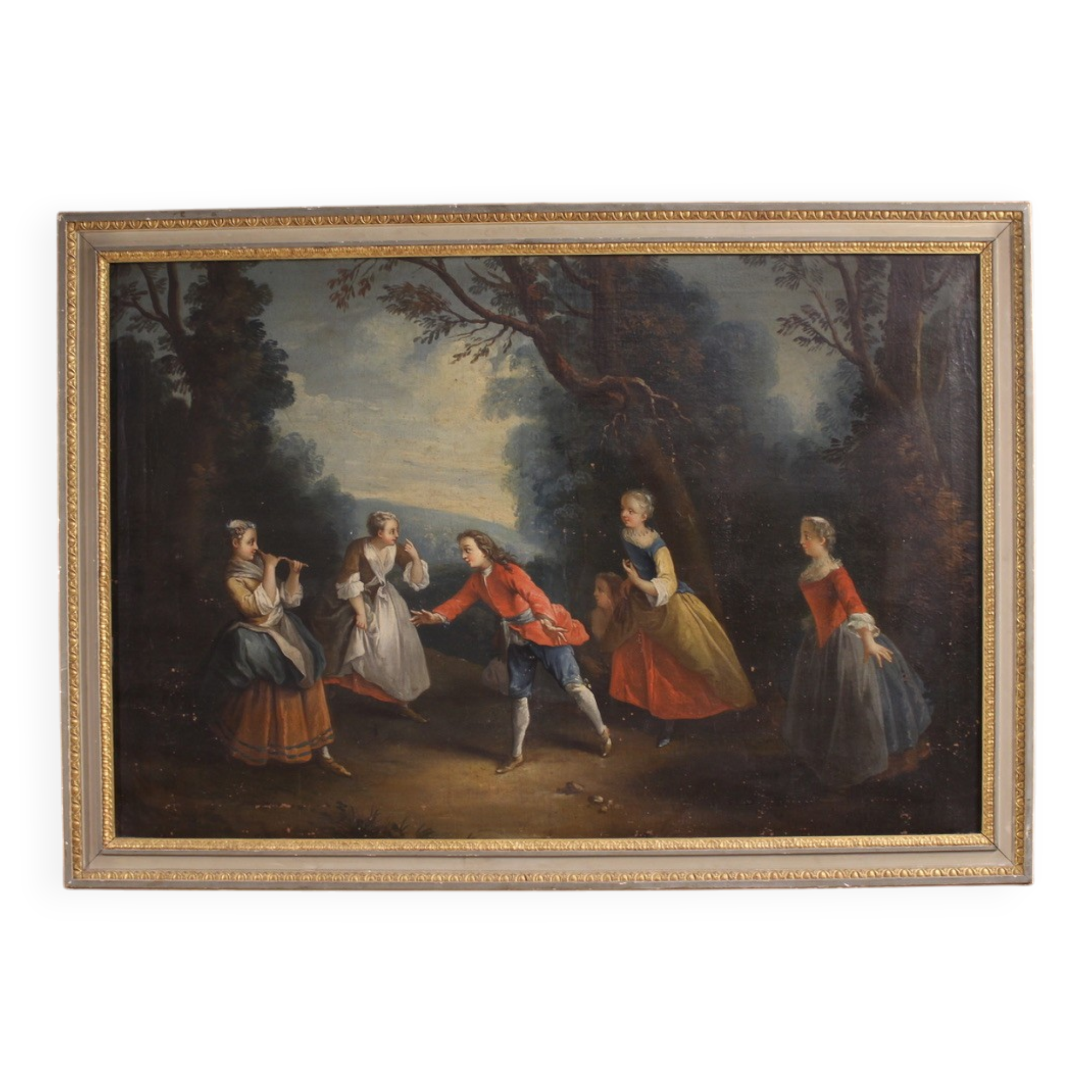 Antique French painting of children playing from the 18th century