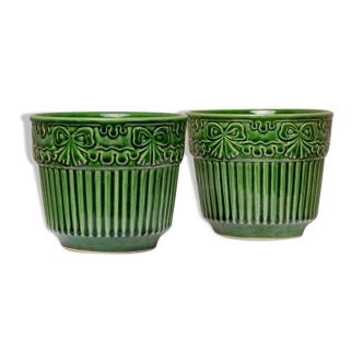 Set of 2 green ceramic Bay-Keramik flower pots, 603-14, West Germany 1980s, ribbed with floral relief
