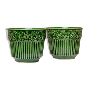 Set of 2 green ceramic Bay-Keramik flower pots, 603-14, West Germany 1980s, ribbed with floral relief
