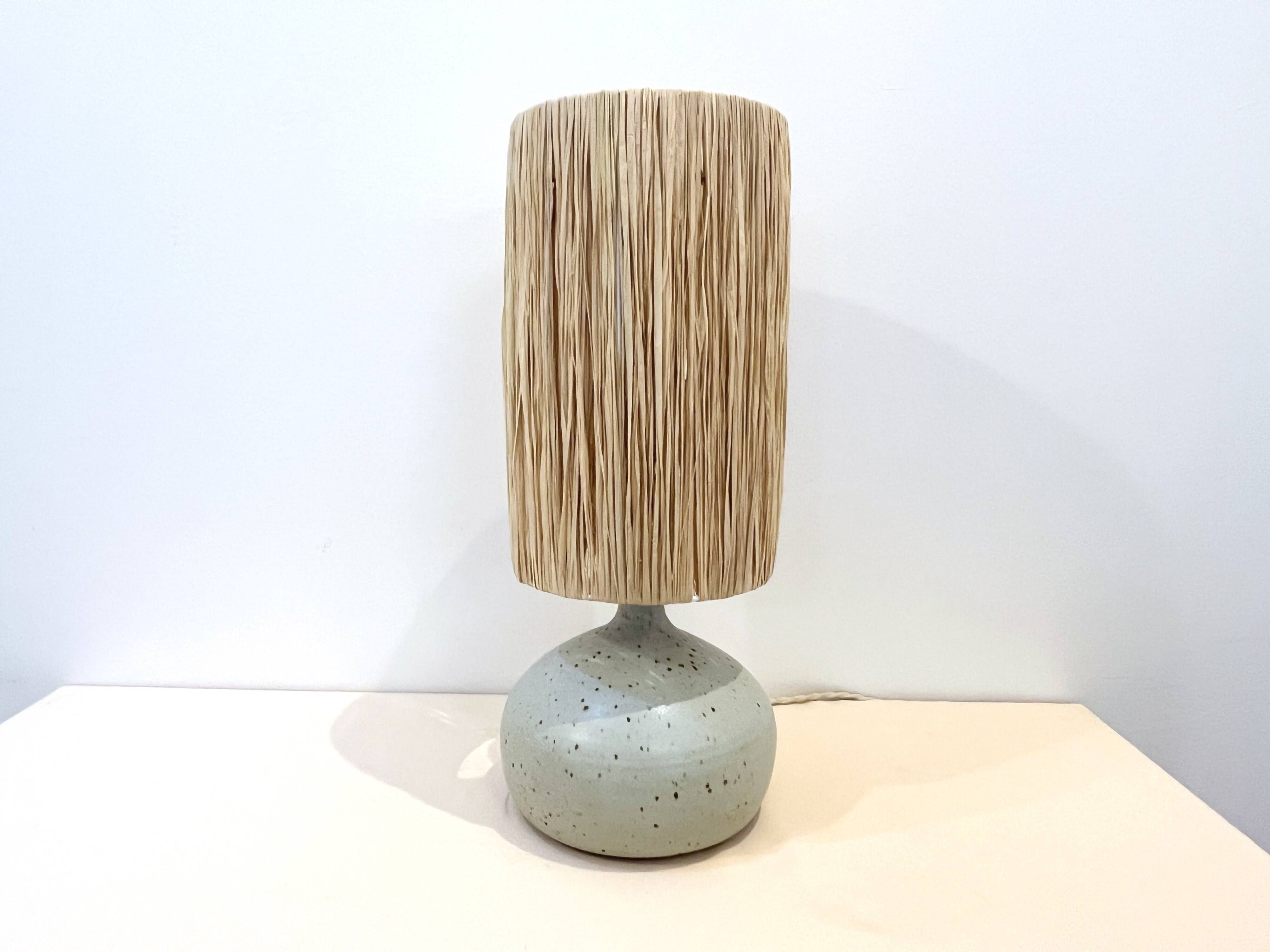 Vintage lamp base in beige-grey ceramic stoneware with raffia lampshade, 1970s