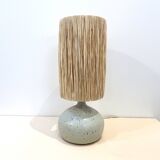Vintage lamp base in beige-grey ceramic stoneware with raffia lampshade, 1970s