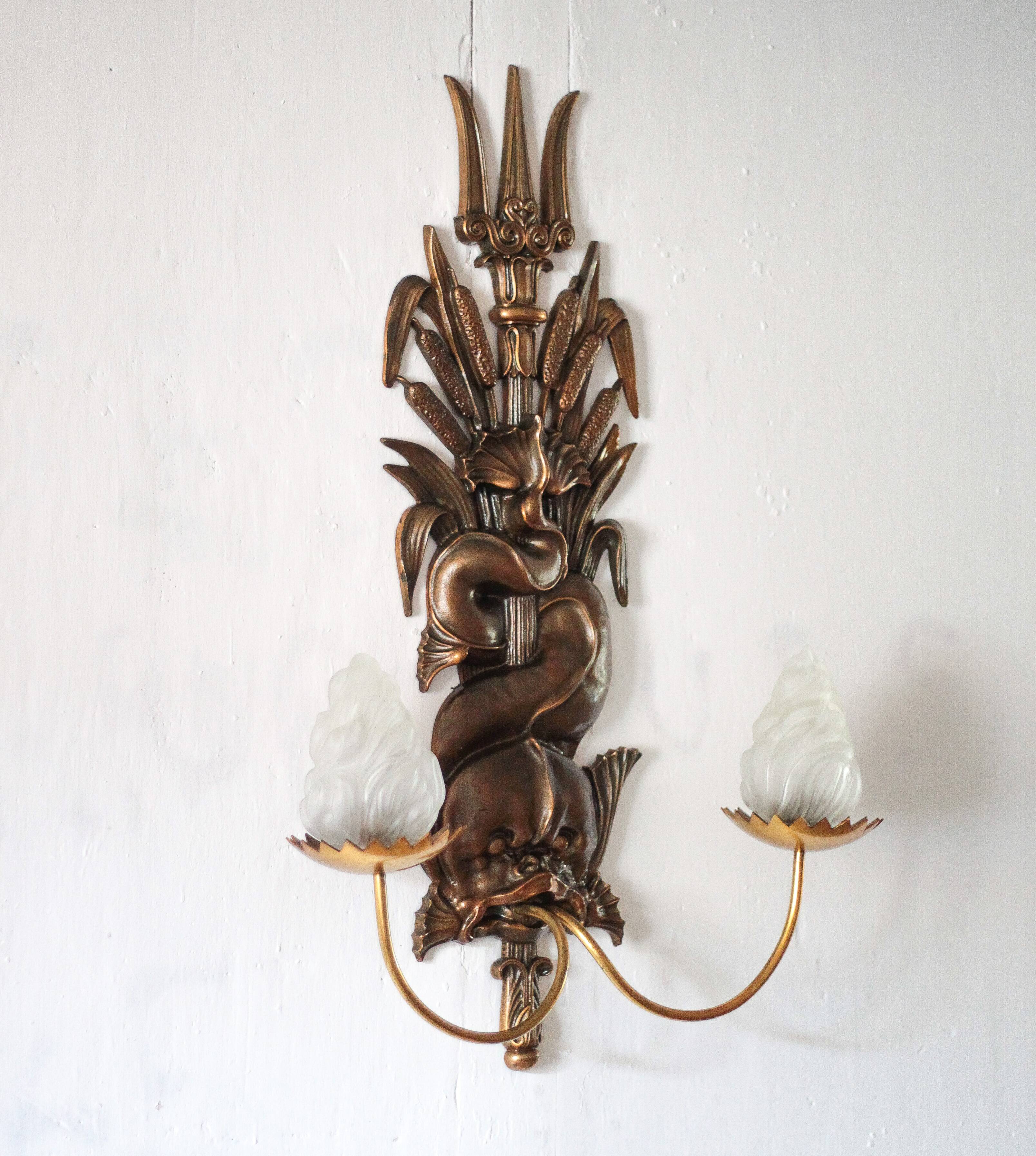 Large bronze wall light with 2 lights, dolphin wall light with reeds